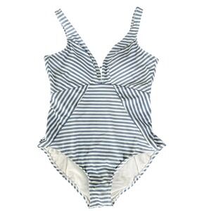 Blue White Striped One Piece Swimsuit V Neck Size L Summer Resortwear Vacation